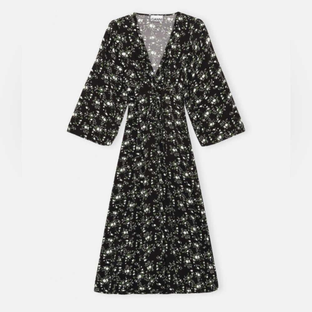 GANNI logo green & white Floral Printed Crepe Wrap dress Black size 38 US 6